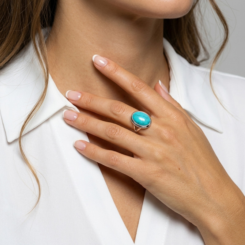 Bague Argent 925 Turquoise Reconstituée Cabochon Ovale 18x12mm porté
