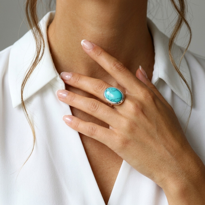 Bague Argent 925 Turquoise Reconstituée Cabochon Ovale 20x15mm porté