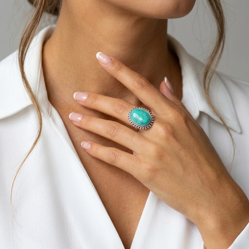 Bague Argent 925 Turquoise Reconstituée Cabochon Ovale 20x15mm porté