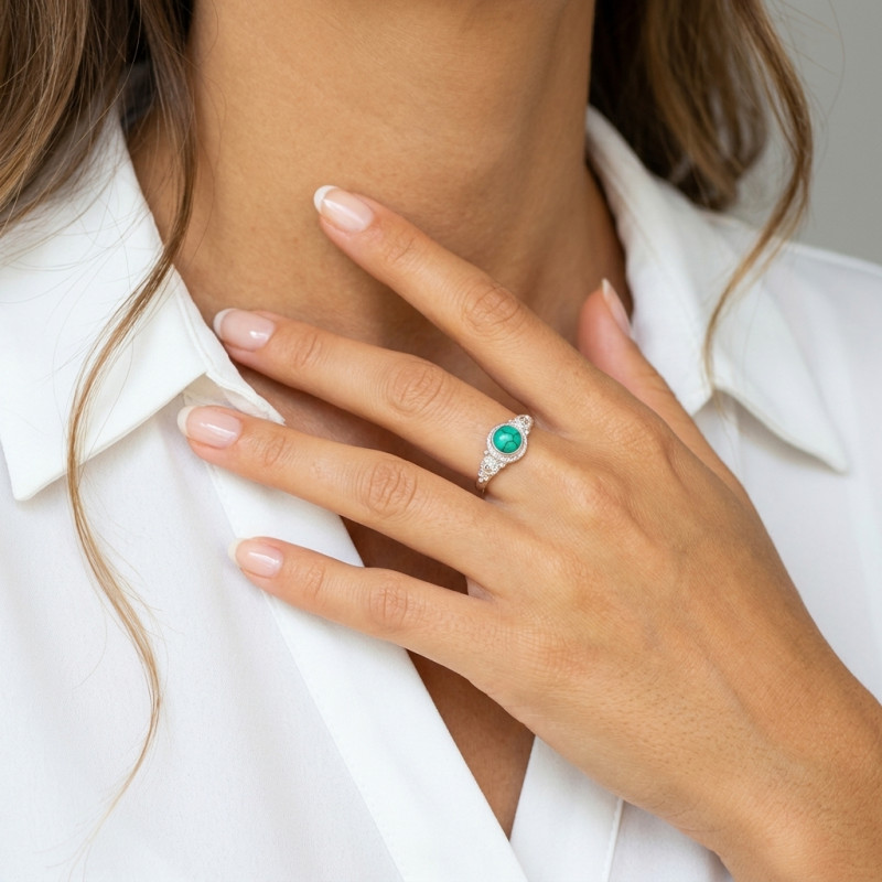 Bague Argent 925 Turquoise Reconstituée Cabochon Rond 6mm porté