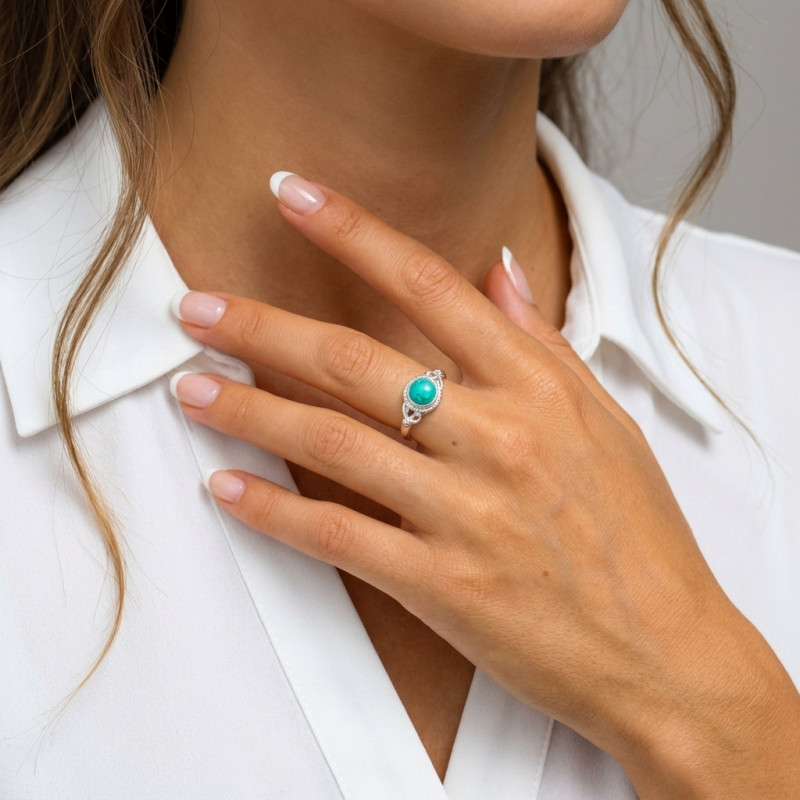 Bague Argent 925 Turquoise Reconstituée  Cabochon Rond 7mm porté