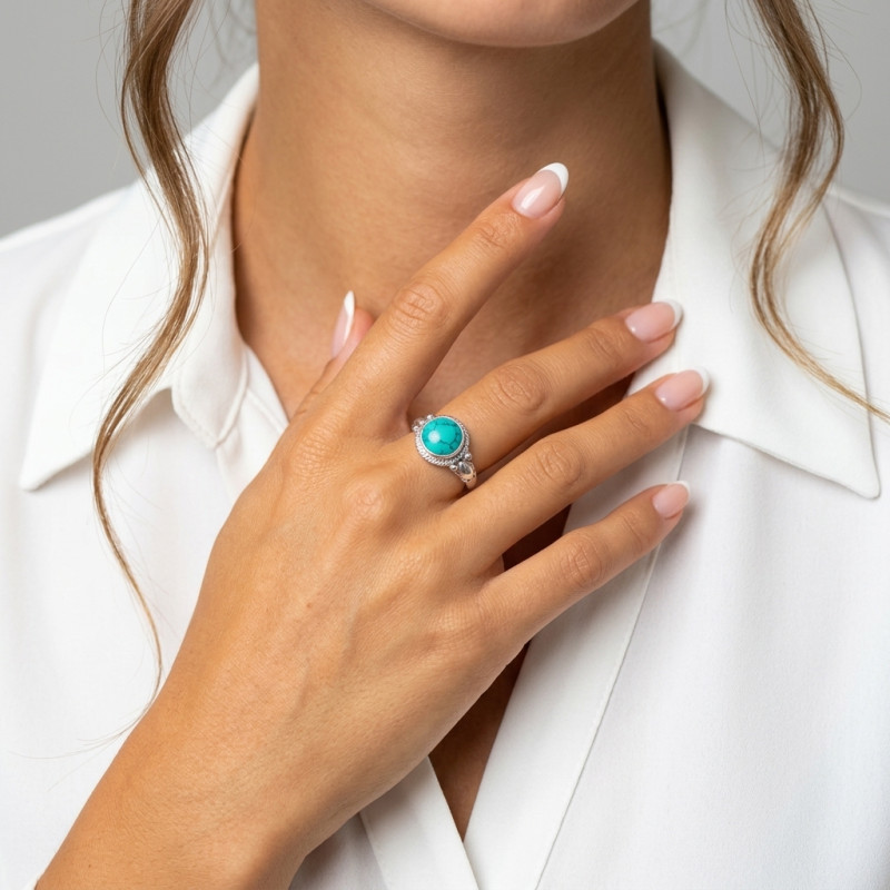 Bague Argent 925 Turquoise Reconstituée Cabochon Rond 8mm porté