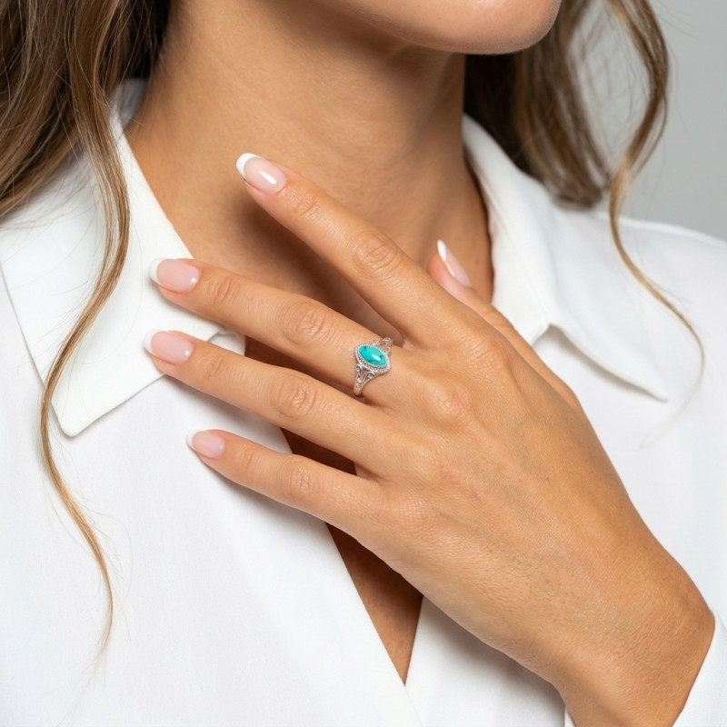 Bague Argent 925 Turquoise Reconstituée Navette 8x4mm porté