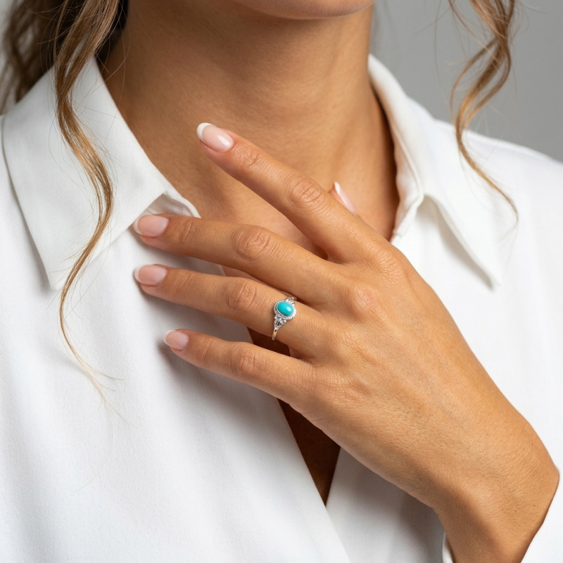 Bague Argent 925 Turquoise reconstituée   ovale 7x5mm porté
