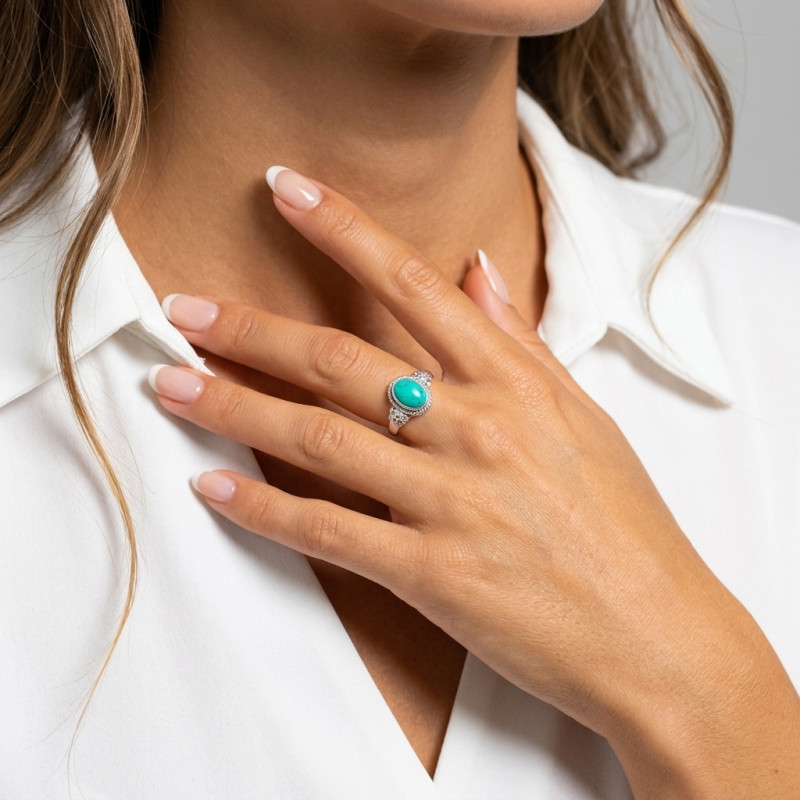 Bague Argent 925 Turquoise Reconstituée  Ovale 8x6mm porté