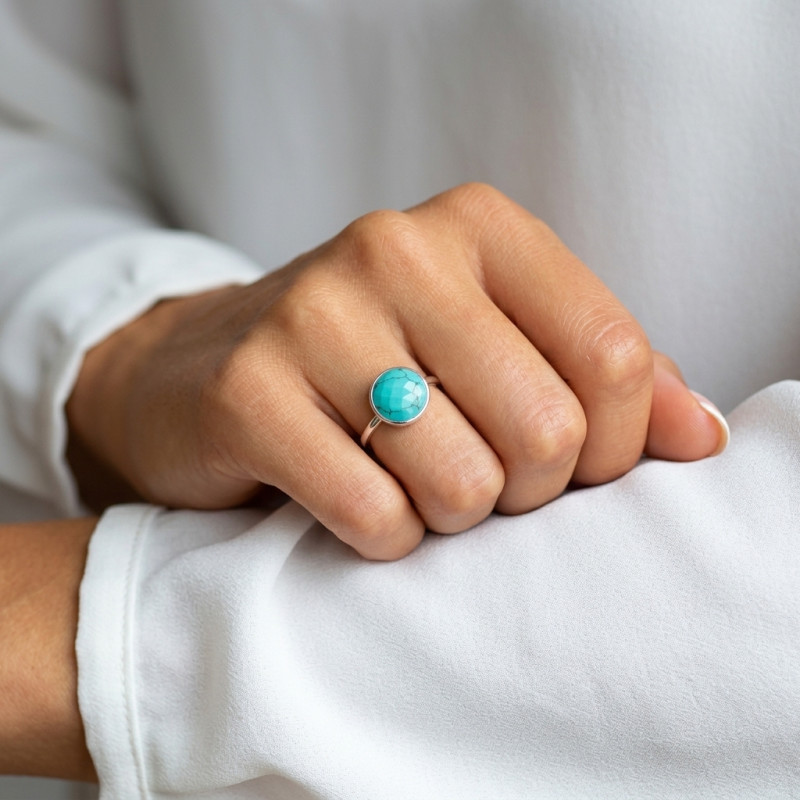 Bague Argent 925  Turquoise reconstituée Ronde 12mm porté
