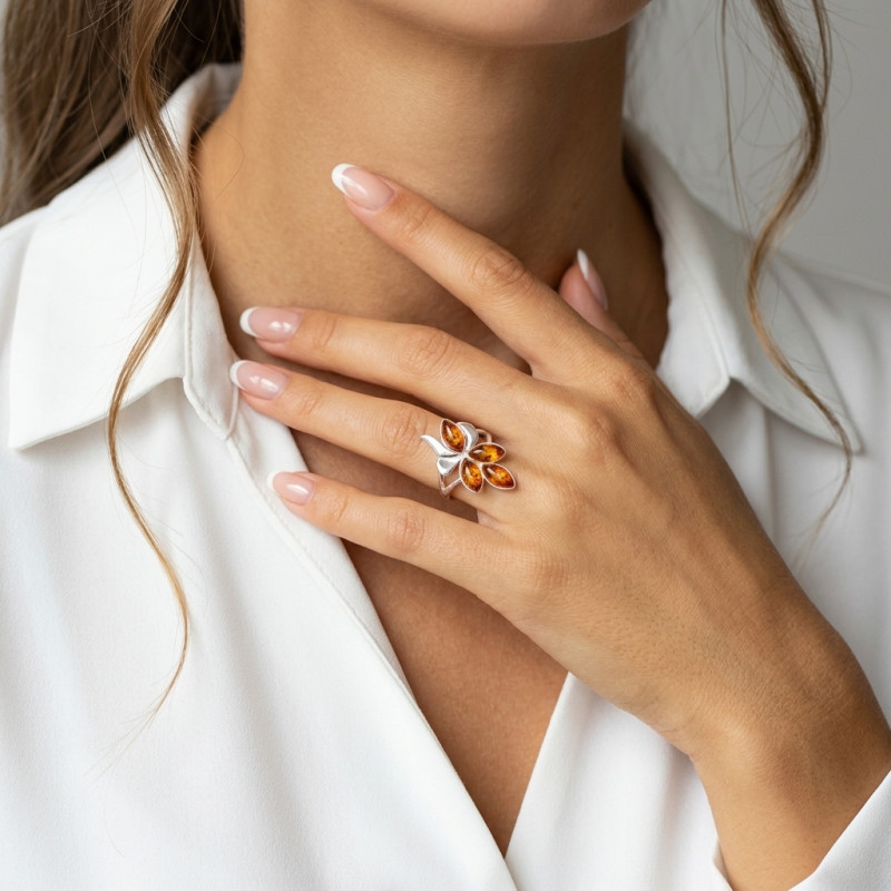Bague Argent  Ambre Motif 4 Pierres navette porté