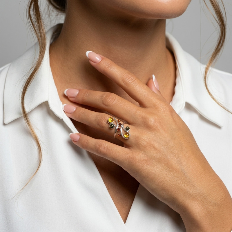 Bague Argent Ambre Multicolore  porté