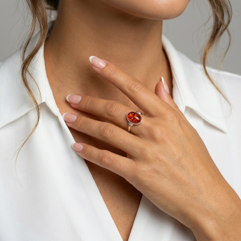Bague Argent Ambre Ovale 11x8mm porté