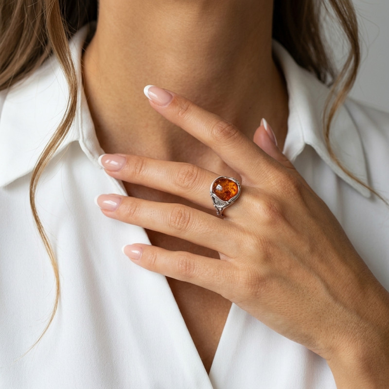 Bague Argent Ambre Ovale 12x10mm porté