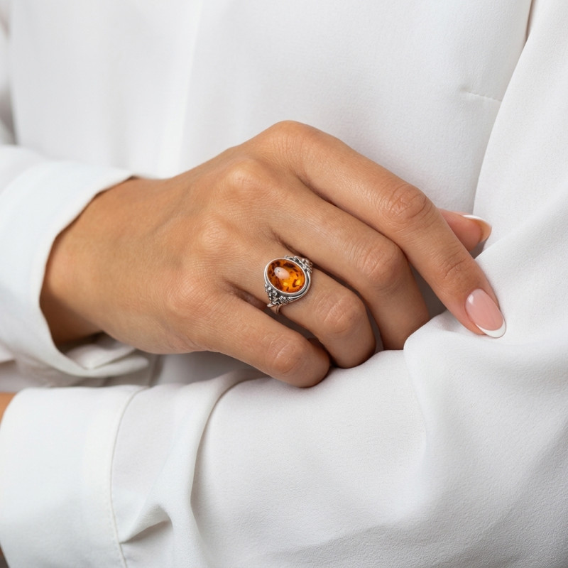Bague Argent  Ambre Ovale 14x10mm porté