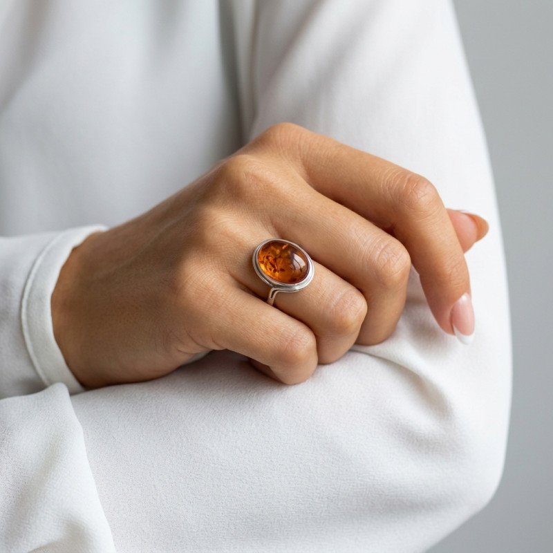 Bague Argent Ambre Ovale 16x12mm porté