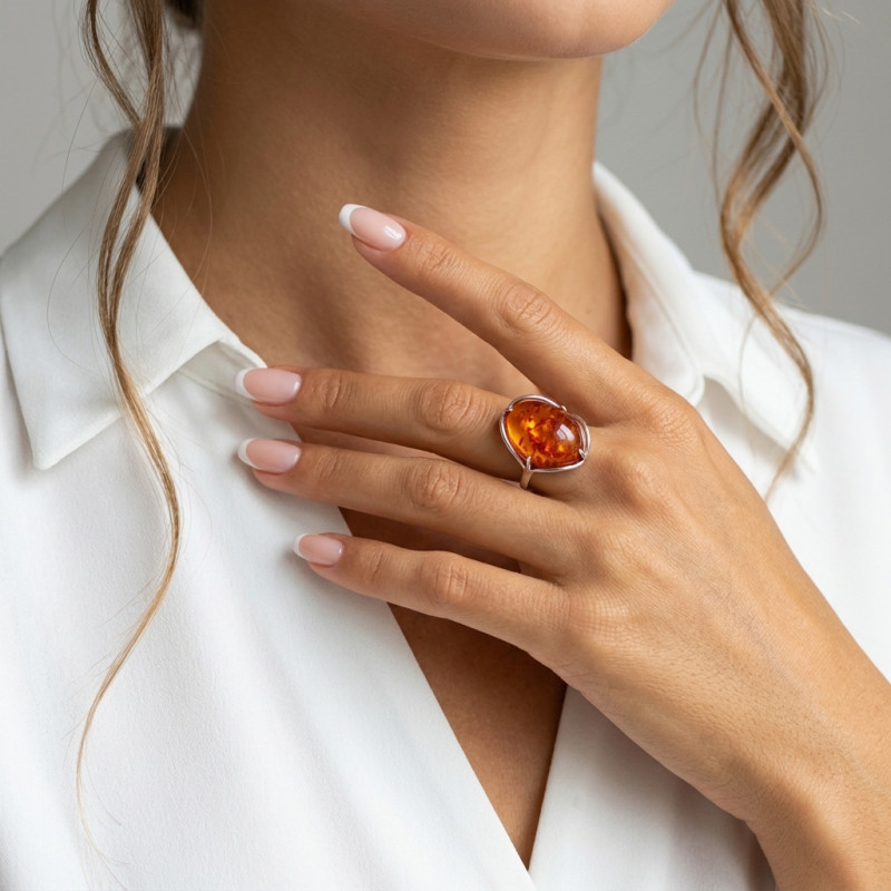 Bague Argent Ambre Ovale 16x13mm porté