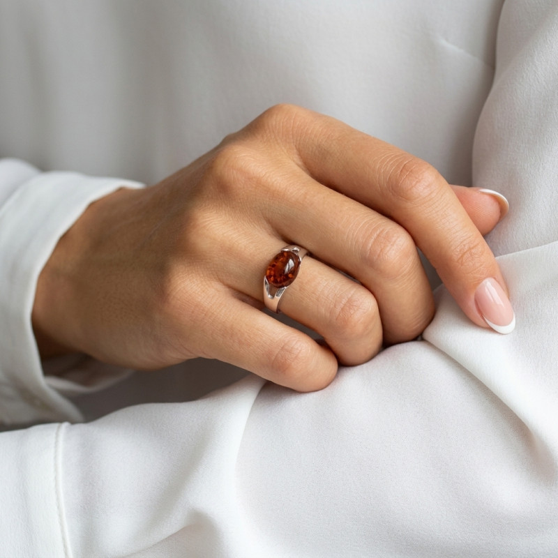 Bague Argent  Ambre Pierre Ovale 10x8mm porté