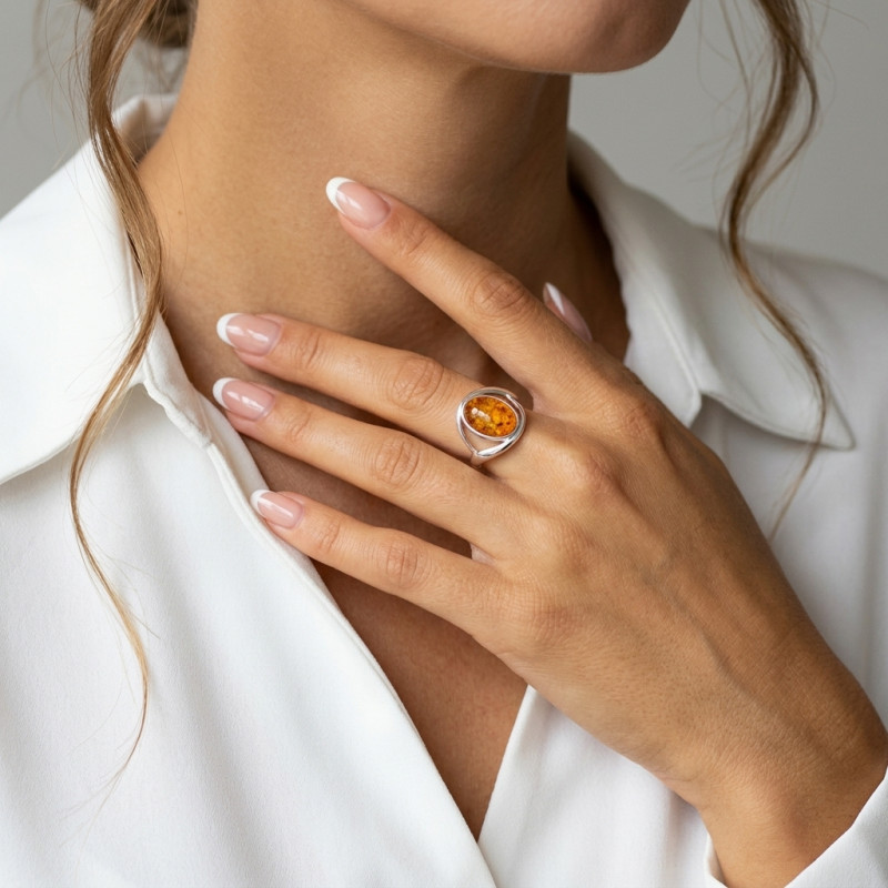 Bague Argent  Ambre Pierre Ovale 12x8mm porté