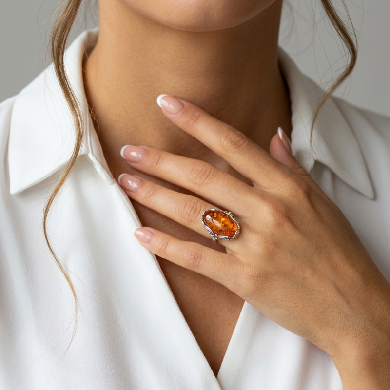 Bague Argent  Ambre Pierre Ovale 20x10mm porté