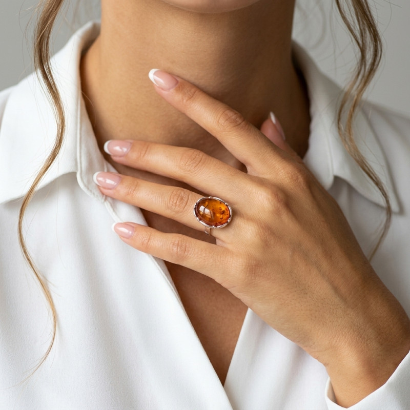 Bague Argent  Ambre Pierre Ovale 20x15mm porté