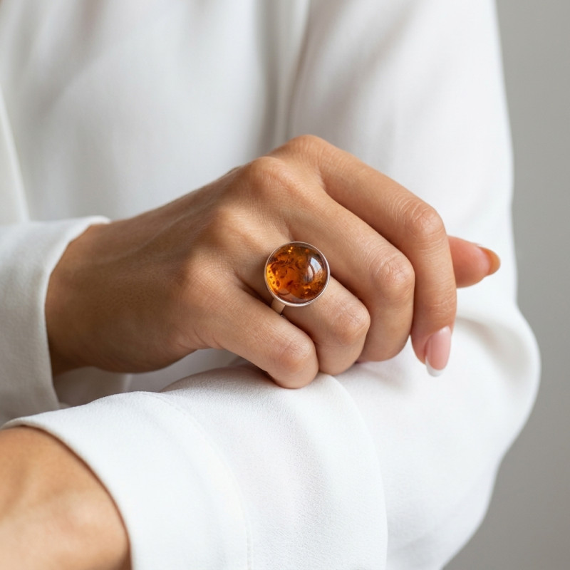 Bague Argent  Ambre Pierre Ronde 20mm porté