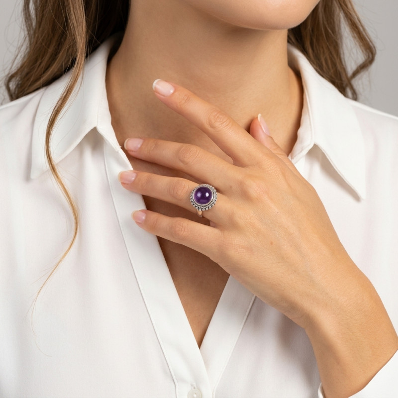 Bague Argent  Améthyste Cabochon 12mm porté