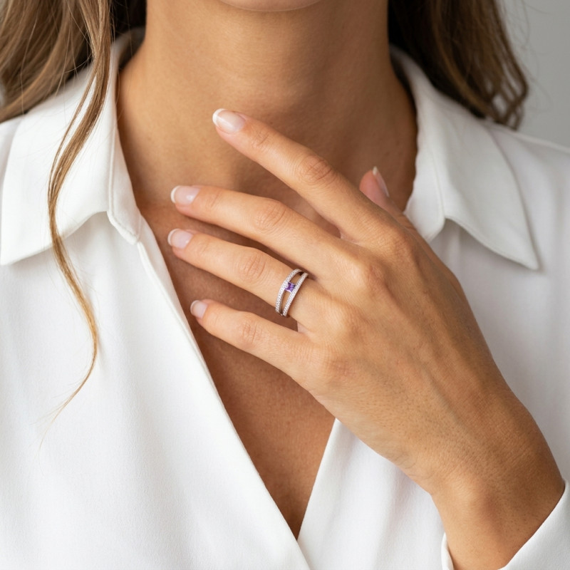 Bague Argent Améthyste Carrée et Oxyde de Zirconium porté