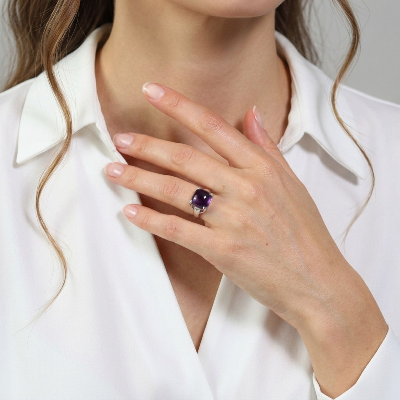Bague Argent  Améthyste Coussin 12mm porté