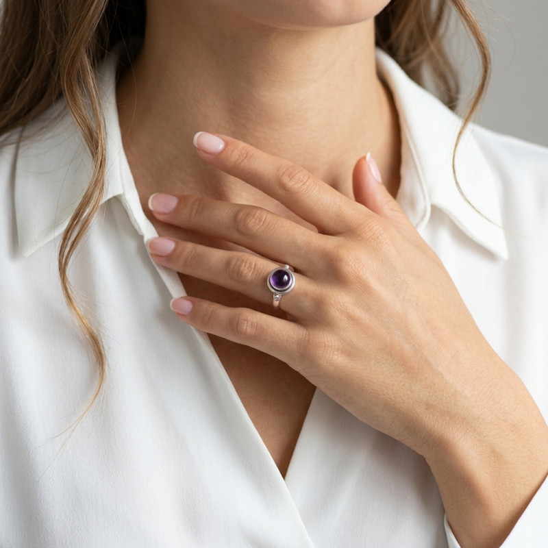 Bague Argent  Améthyste ronde 9mm porté