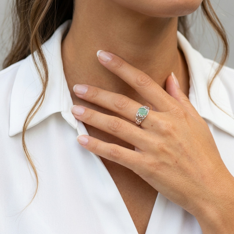 Bague Argent Arabesques et  Aventurine porté