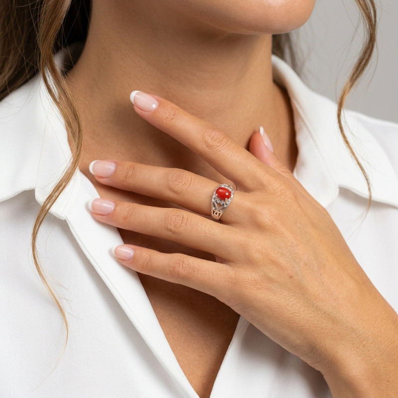 Bague Argent Arabesques et  Cornaline porté