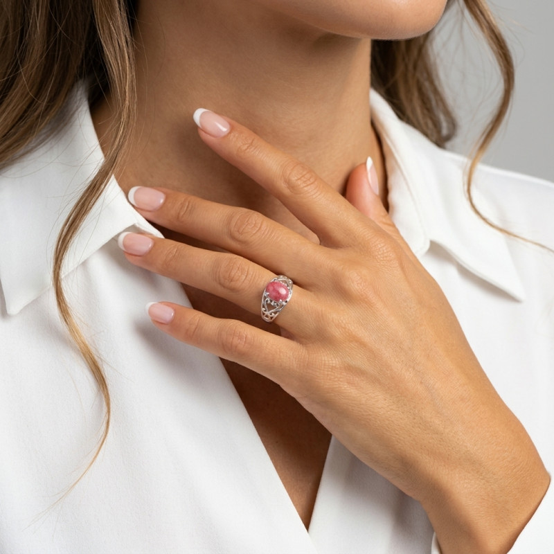Bague Argent Arabesques et  Rhodonite porté