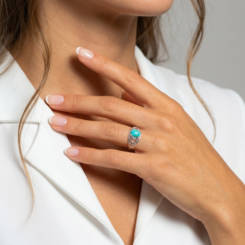 Bague Argent Arabesques  Turquoise reconstituée porté