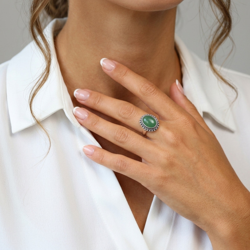 Bague Argent Aventurine Ovale 14x10mm porté