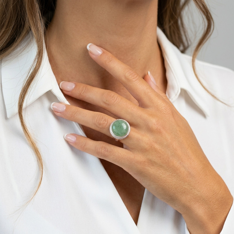 Bague Argent Aventurine Ronde 15mm porté