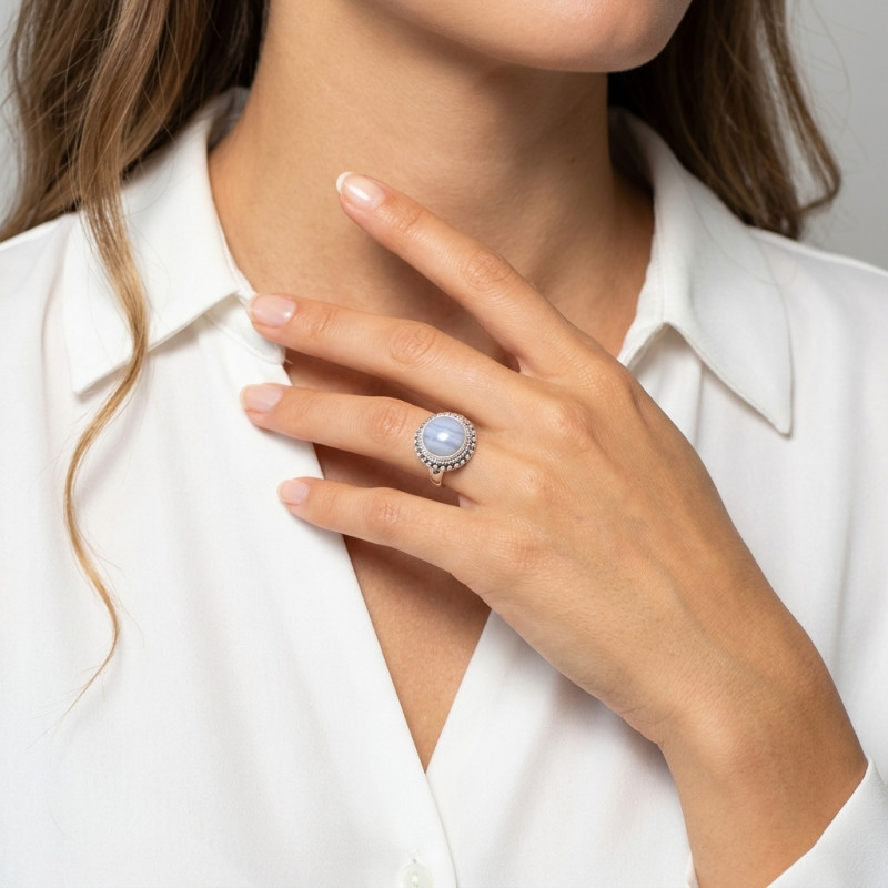 Bague Argent  Calcédoine Ronde 12mm porté