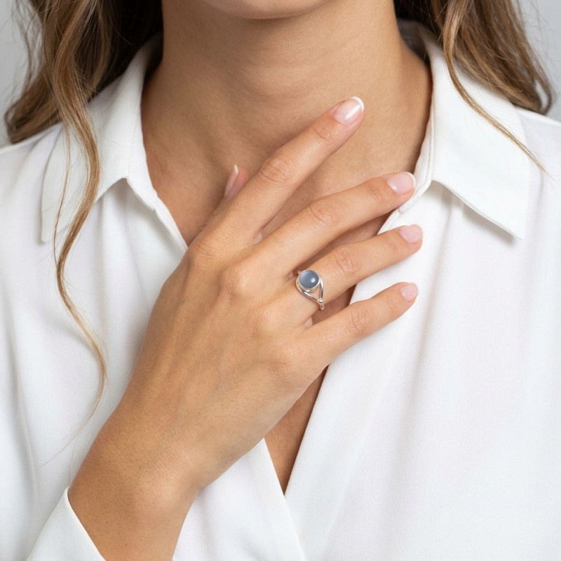 Bague Argent  Calcédoine Ronde 8mm porté