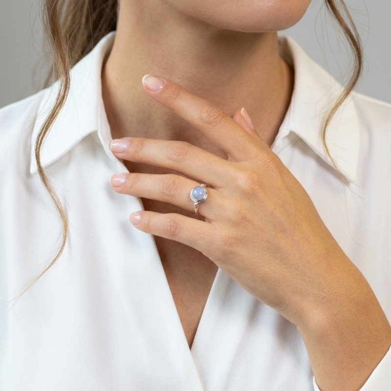 Bague Argent  Calcédoine Ronde 9mm porté