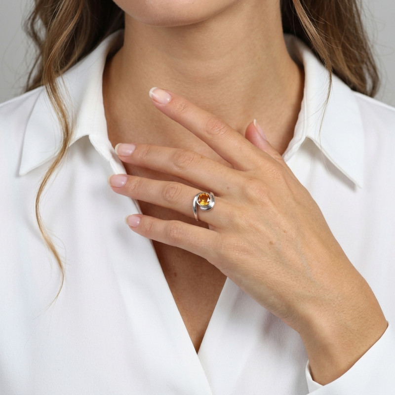 Bague Argent  Citrine Ronde 8mm porté