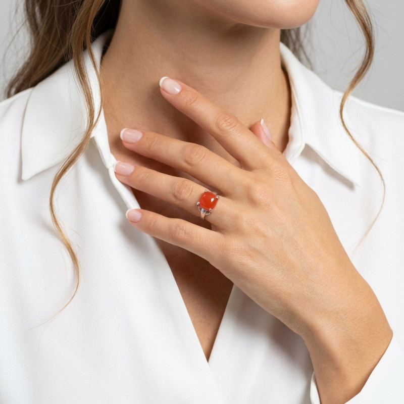 Bague Argent  Cornaline Coussin 12mm  porté