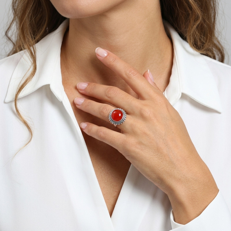 Bague Argent  Cornaline Ronde 12mm porté