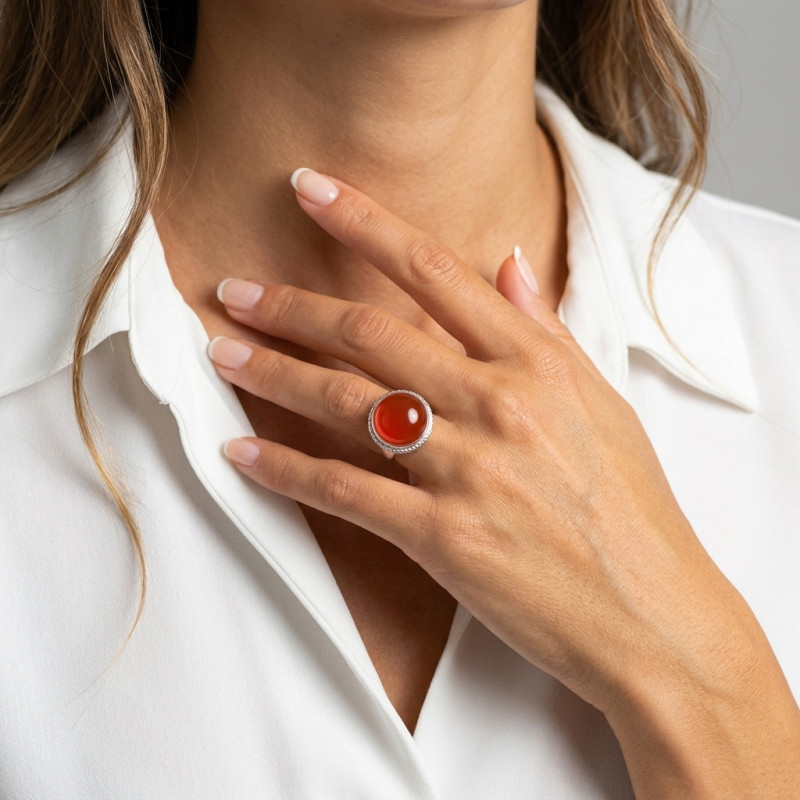 Bague Argent Cornaline Ronde 15mm porté