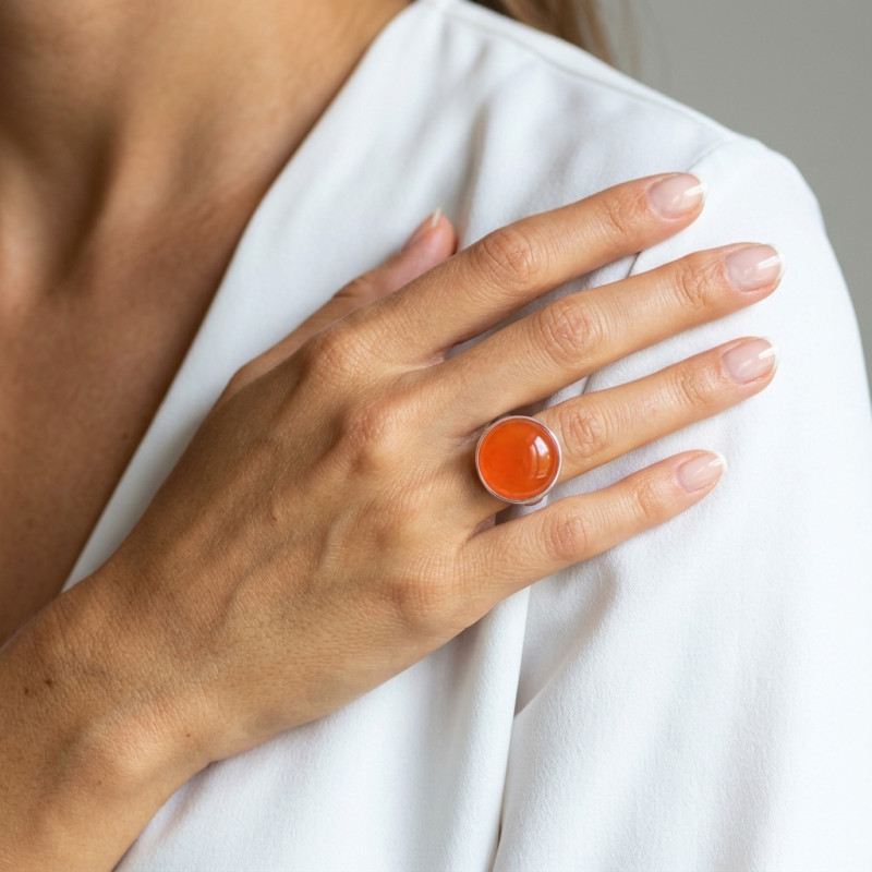 Bague Argent Cornaline Ronde 20mm porté