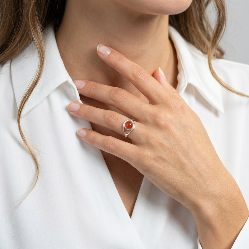 Bague Argent  Cornaline Ronde 8mm porté