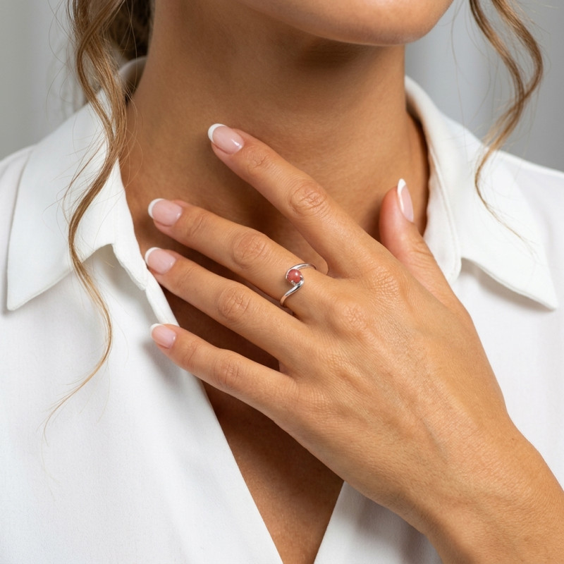 Bague Argent Corps Croisé  Rhodonite Ronde 5mm porté