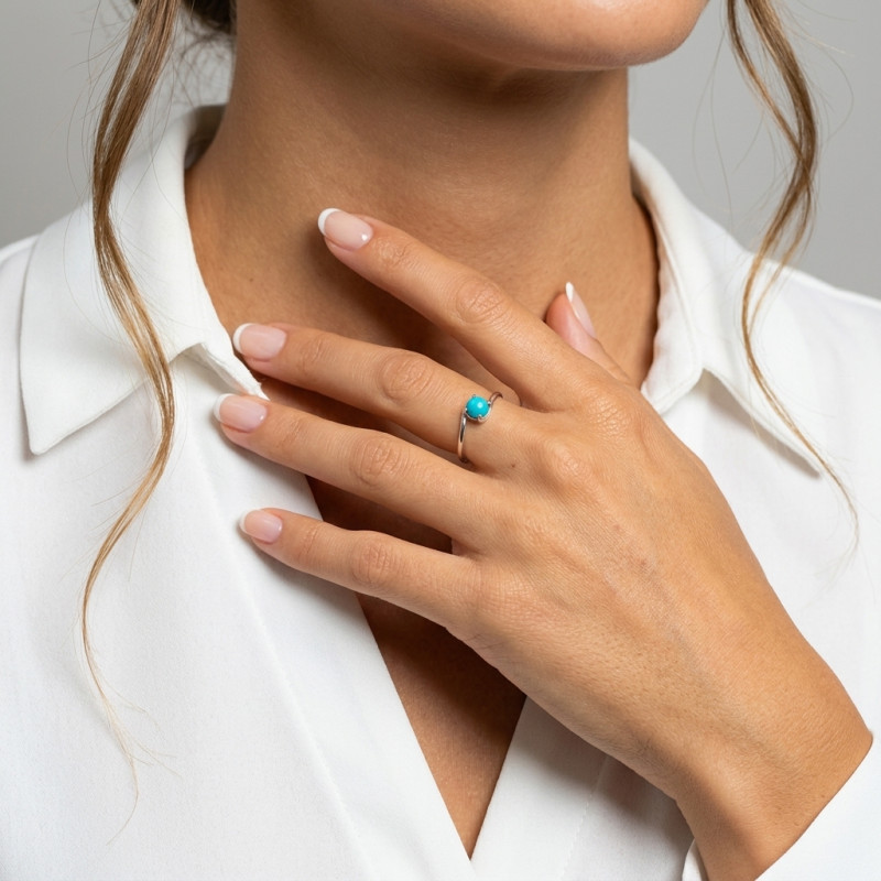 Bague Argent Corps Croisé  Turquoise reconstituée Ronde 5mm porté