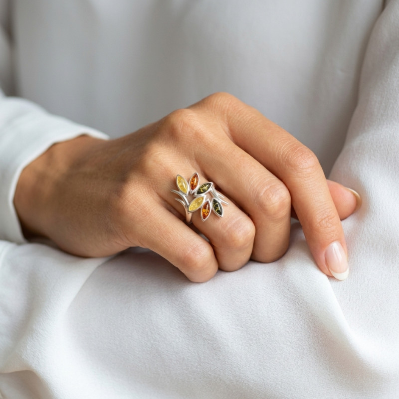 Bague argent et ambre 3 couleurs porté