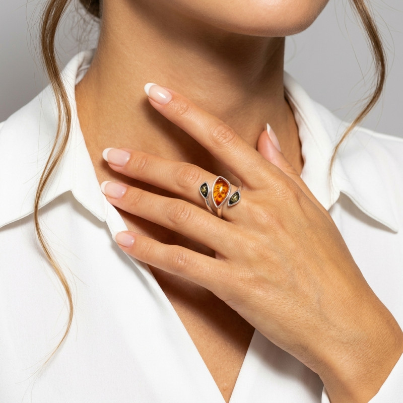Bague argent et ambre bicolore porté