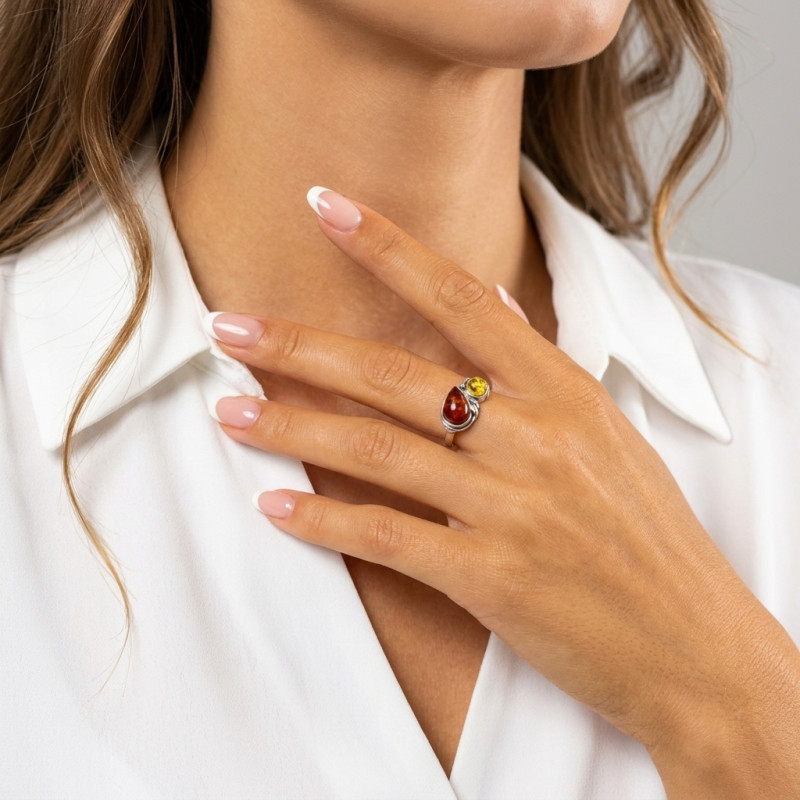 Bague Argent et Ambre Multicolore porté