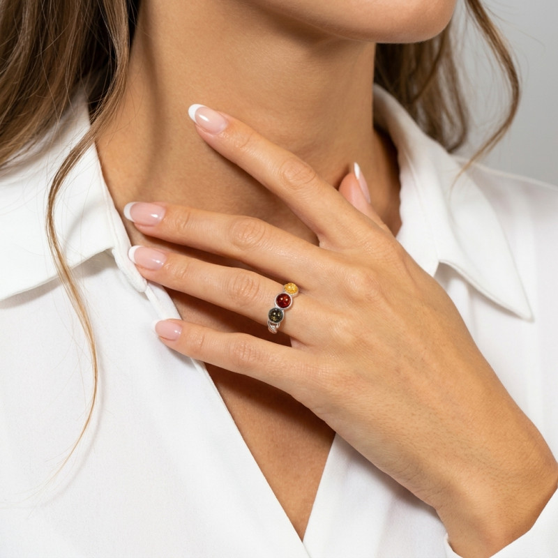 Bague Argent et Ambre Multicolore porté