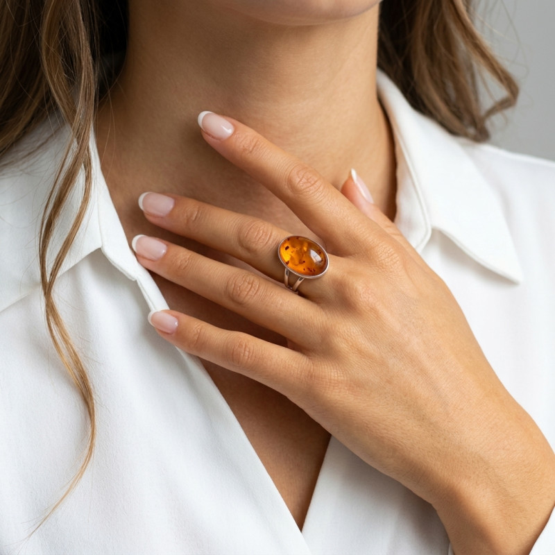 Bague argent et ambre ovale 22x15mm porté