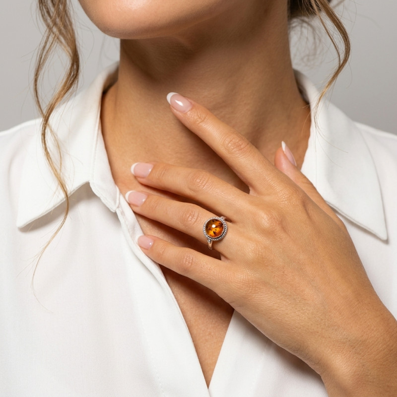 Bague Argent et Ambre Rond 12mm porté