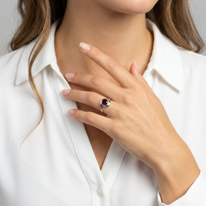 Bague Argent  Grenat Rond 8mm porté